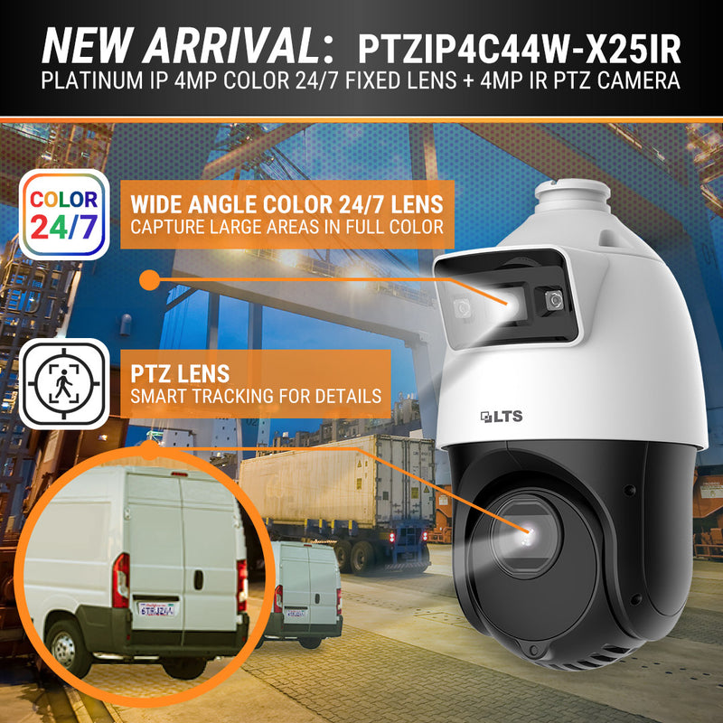LTPTZIP4C44W-X25IR, Platinum, IP, Dome, Dual Lens PTZ: 4” 25x 4MP PTZ with 4MP Fixed Lens, 2.8mm, PTZ: 4.8 to 120mm, 120dB WDR, Micro SD card slot, IP66, IR 330ft, Auto Tracking, Color 24/7