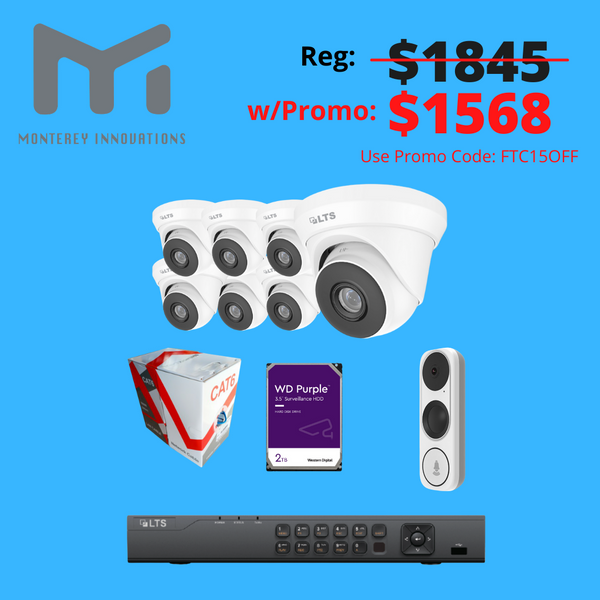 2021 - Custom Home Surveillance Kit w/ 7 x 4MP IP Turrets, 1 x 16 Ch 2 TB NVR, 1 x 3MP Video Doorbell, 1 x 1000ft Cat6 Cable