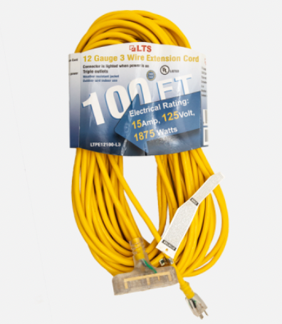 LTPE1250-L3, 100FT,12/3C SJTW Extension Cord,Yellow, UL Listed